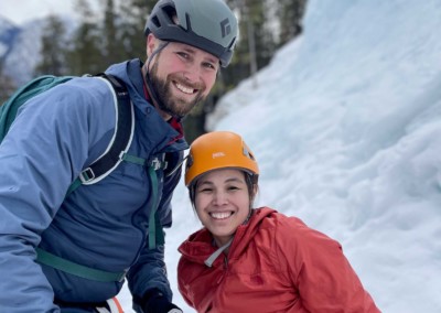 A Young couple trying ice climbing in The David THompson Corridor west of Nordegg ALberta
