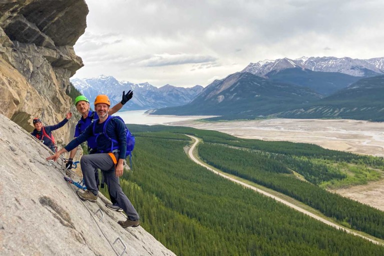 Three climbers on the From Nordegg With Love Via Ferrata West of Nordegg, Alberta