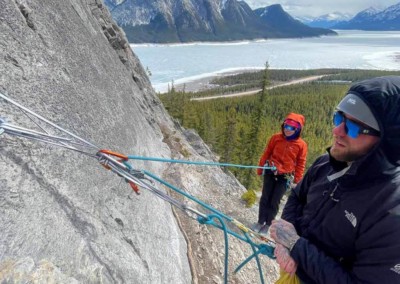 Two men Multi Pitch Rock climbing on the David THompson Corridor, near Nordegg, Alberta
