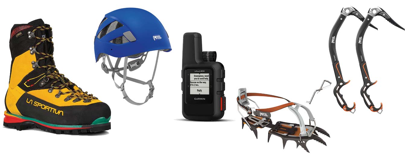 rental ice climbing boots, helmets, crampons, ice climbing tools, & inreach safety communication