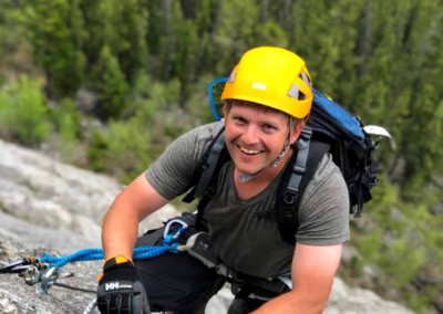 Man climbing the From Nordegg With Love Via Ferrata West of Nordegg, Alberta