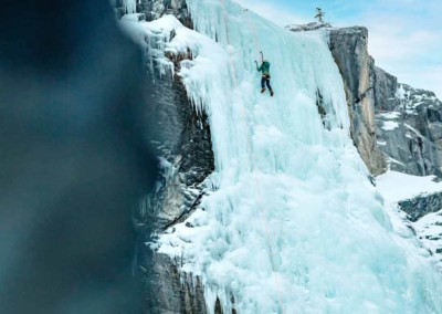 Person ice climbing in the David Thompson Corridor, Alberta