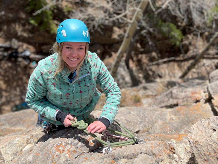 An example of outdoor lead climbing; building an anchor