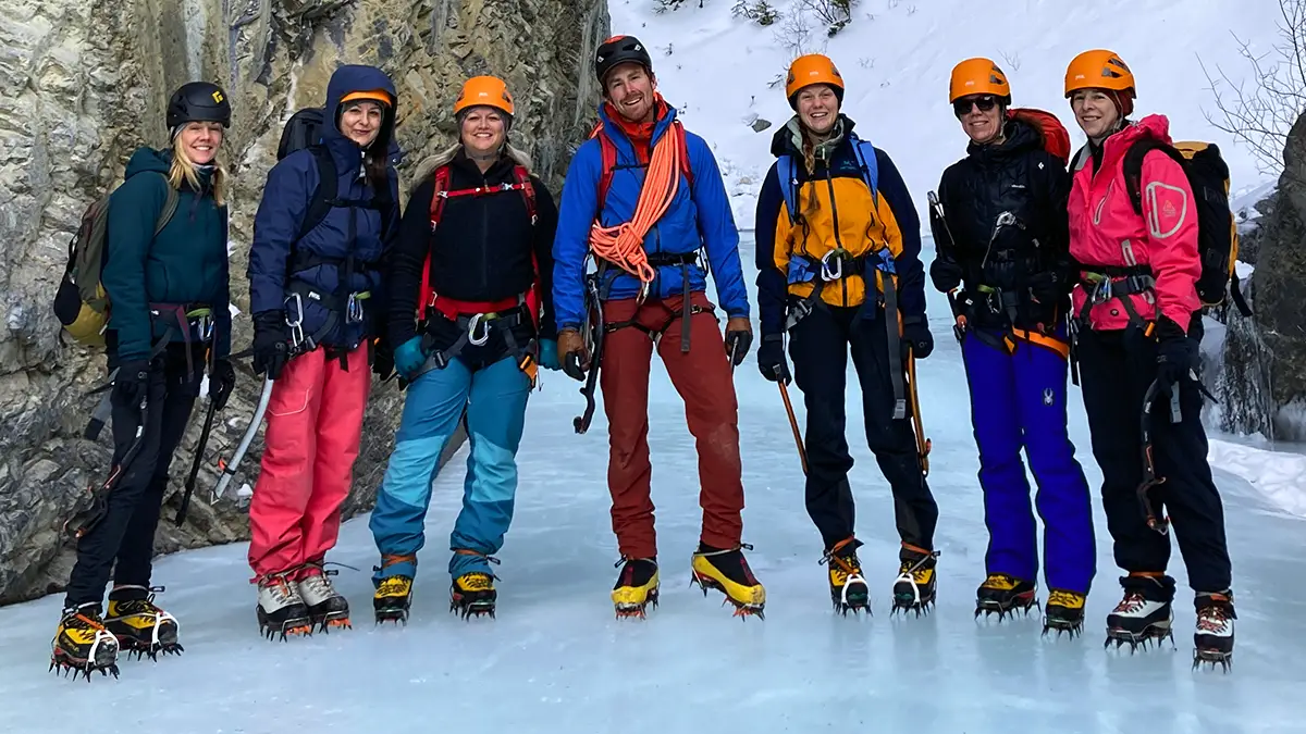 Group of ice climbers in a canyon